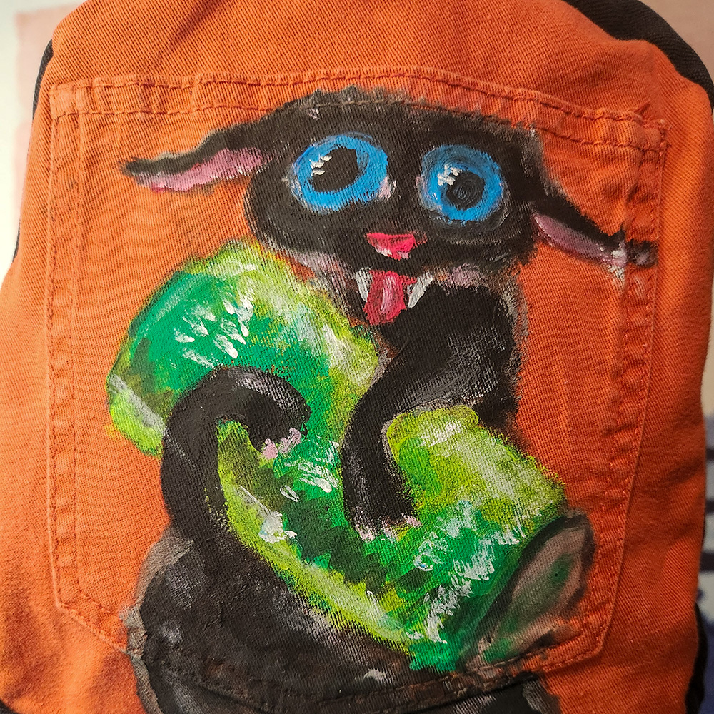 Rucksack aus recyceltem Jeansstoff | Handgefertigtes Unikat | Rucksack mit Motiv – Bild 3