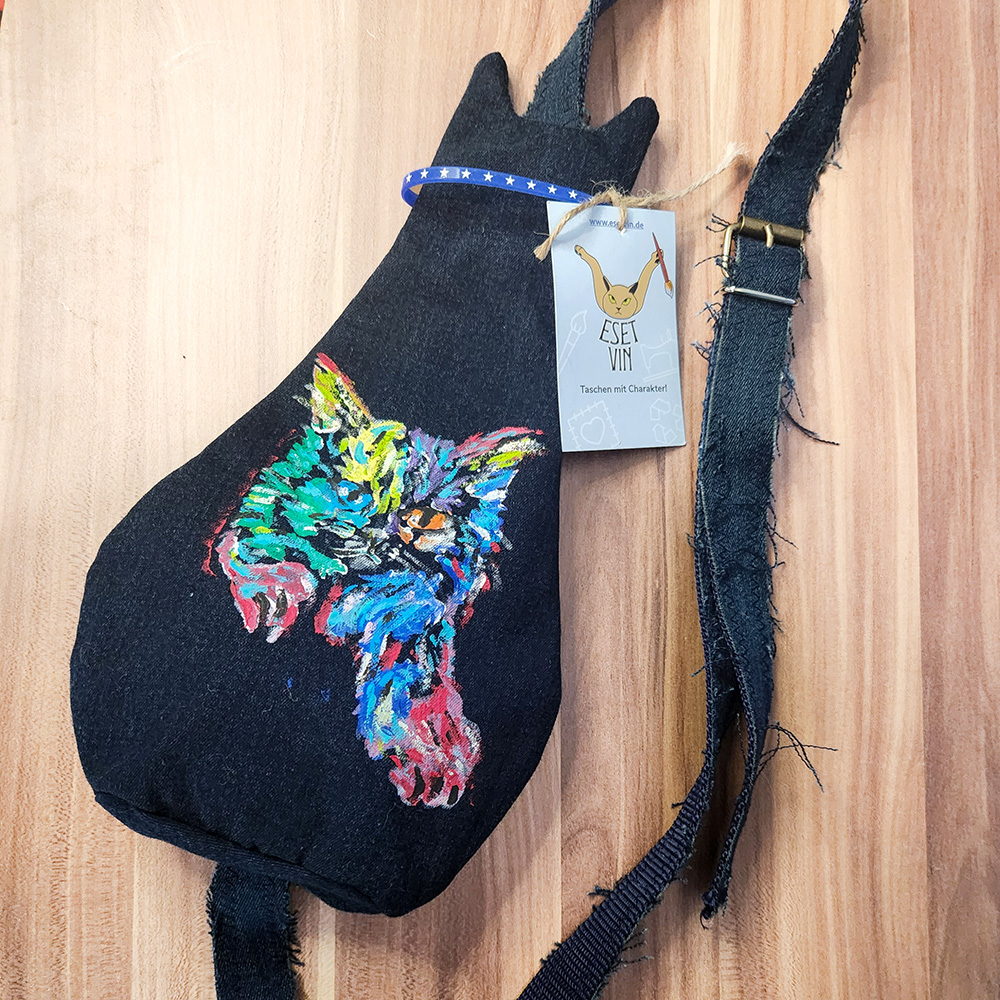 Tasche in Katzenform aus recyceltem Jeansstoff | Handgefertigtes Unikat | Kleine Tasche mit Motiv