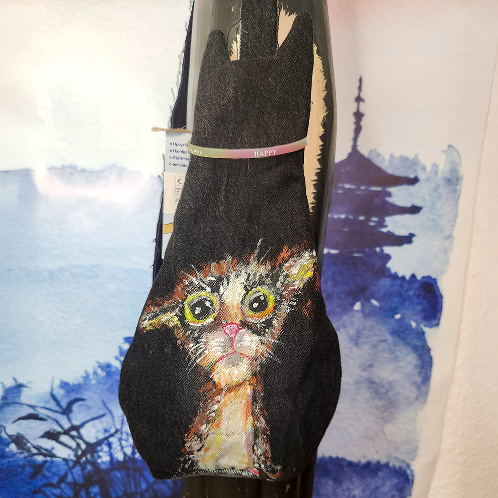 Tasche in Katzenform aus recyceltem Jeansstoff | Handgefertigtes Unikat | Kleine Tasche mit Motiv