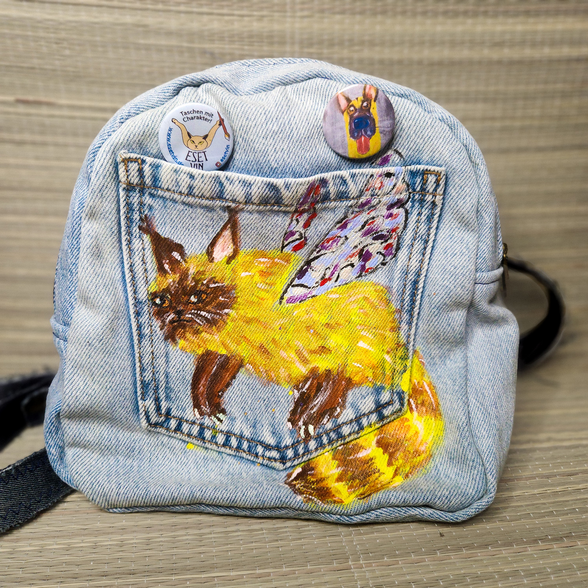 Rucksack aus recyceltem Jeansstoff | Handgefertigtes Unikat | Rucksack mit Motiv